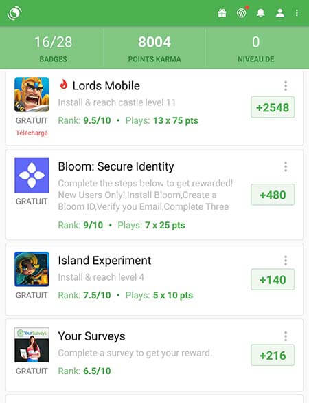 Appkarma offre disponible lords mobile